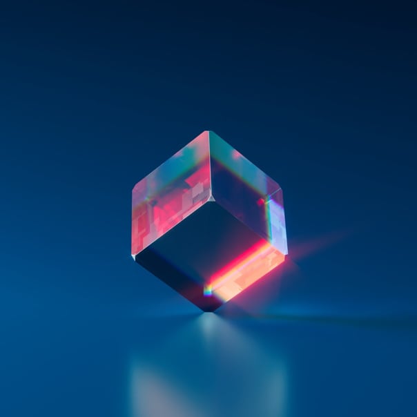 equilibrium nft of a transparent glass cube with red and blue reflections.